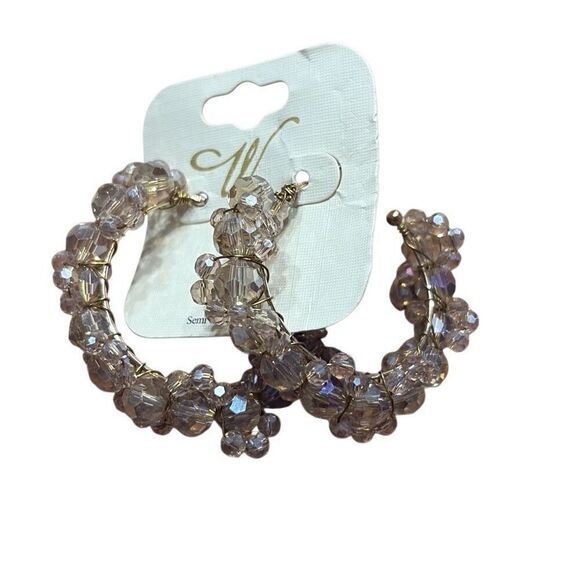 Iridescent Faceted Gemstone Beaded Gold Hoop Earrings Statement Pink Beige Tan - Picture 1 of 4